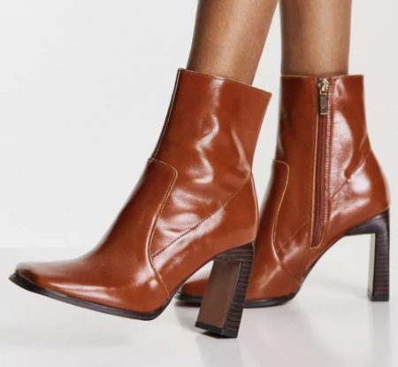leather high-heeled square toe boots